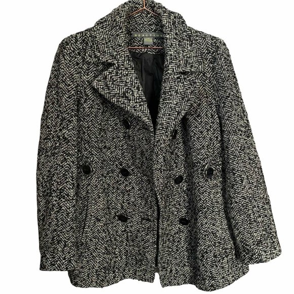 Kenneth Cole Reaction Womens Wool Blend Peacoat Size L Black White Double Breast - Picture 4 of 9